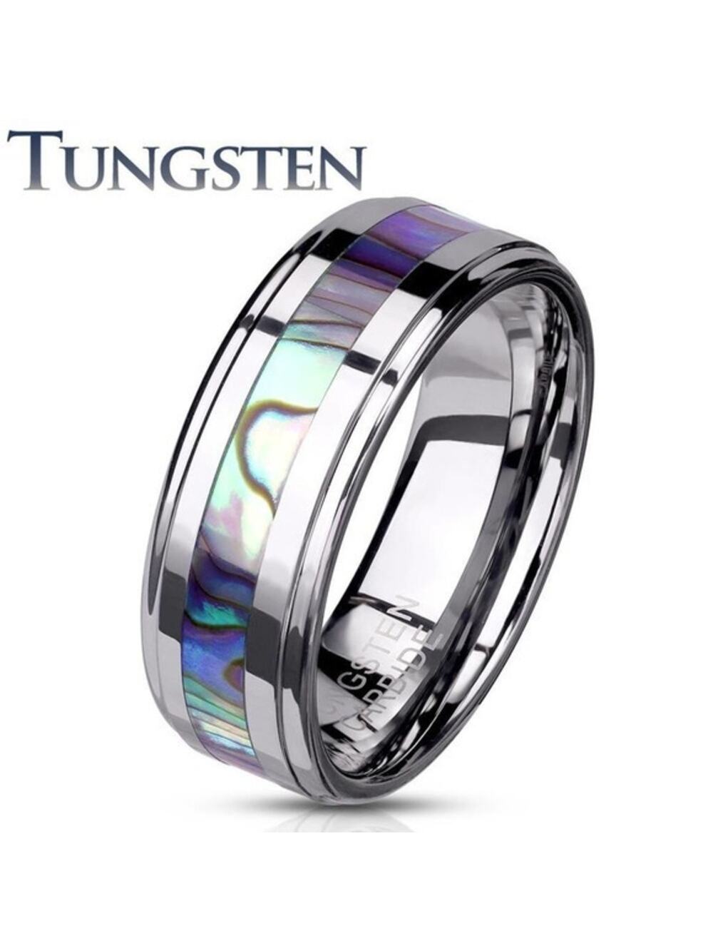 New Abalone Inlay Center Stepped Edges Tungsten‎ Carbide Rings size 10